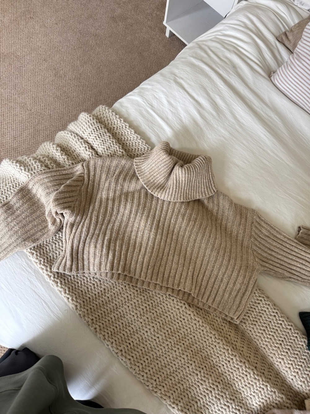 Cozy Cropped Ribbed Turtleneck Sweater in Beige